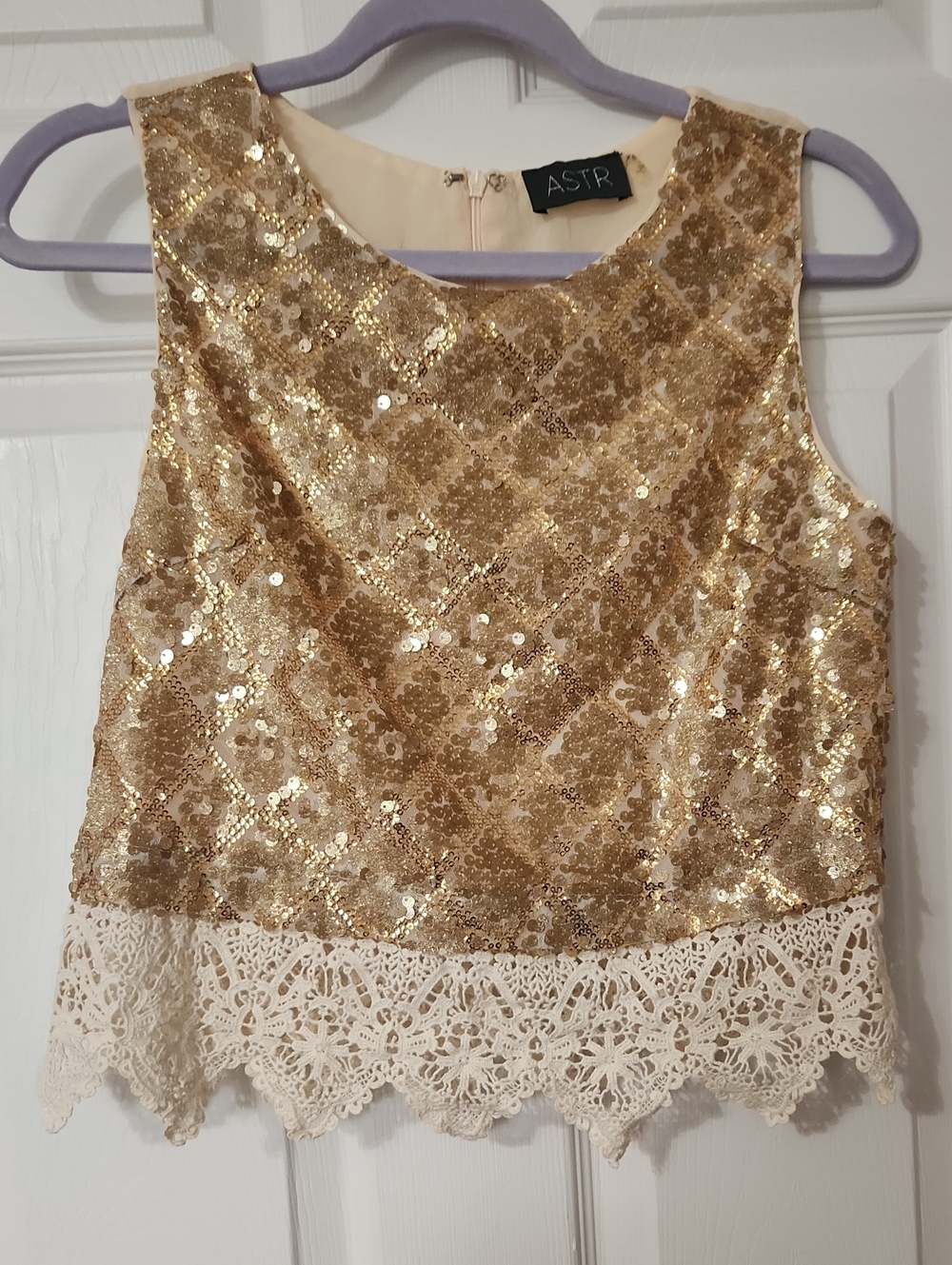 Boho Indie Festival Rave Party Gold Sequin Cropped Tank with Cream Lace Trim